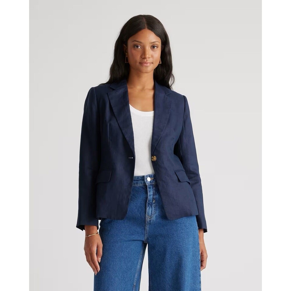 Quince European Linen Structured Blazer M Deep Navy New Quiet Luxury Coastal